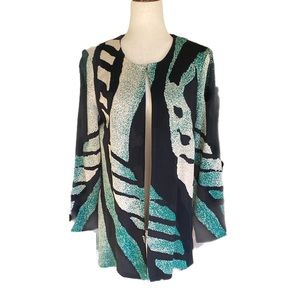 Ming Wang Black Cream Teal Long Cardigan Jacket EUC - L